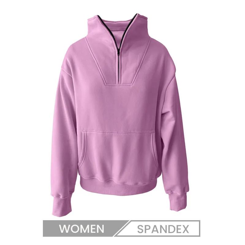 Autumn Winter Stand Collar Solid Color Half Zipper Women Casual Loose Sweatshirt