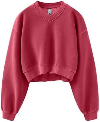 Autumn Winter Vintage Washed Fleece-Lined V-Neck Pullover Sweatshirt Women Top