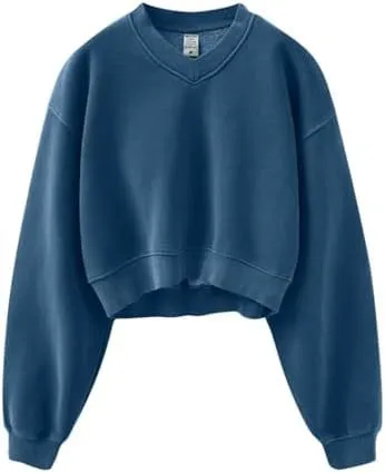 Autumn Winter Vintage Washed Fleece-Lined V-Neck Pullover Sweatshirt Women Top