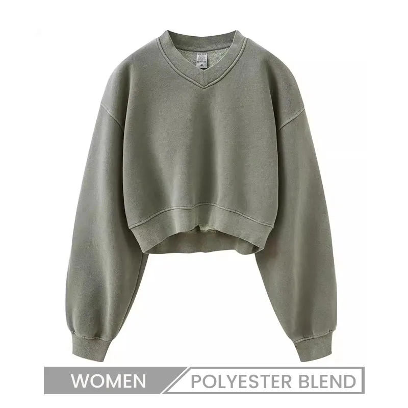Autumn Winter Vintage Washed Fleece-Lined V-Neck Pullover Sweatshirt Women Top