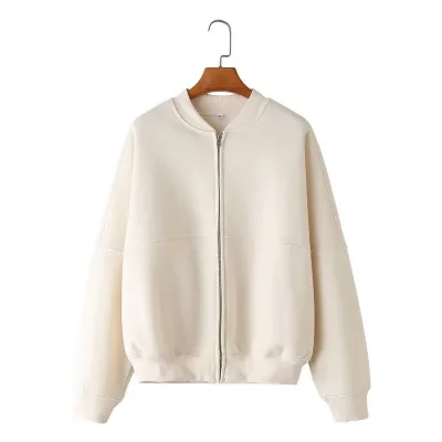 Zipper Bomber Jacket Women Loose High Waist Solid Color Sweatshirt
