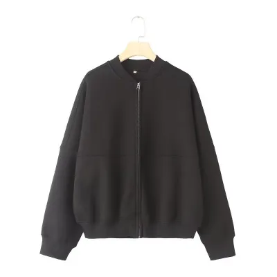 Zipper Bomber Jacket Women Loose High Waist Solid Color Sweatshirt