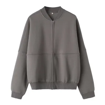 Zipper Bomber Jacket Women Loose High Waist Solid Color Sweatshirt