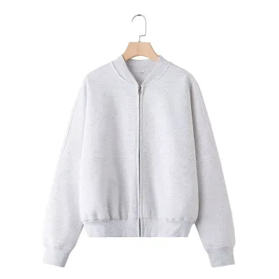 Zipper Bomber Jacket Women Loose High Waist Solid Color Sweatshirt