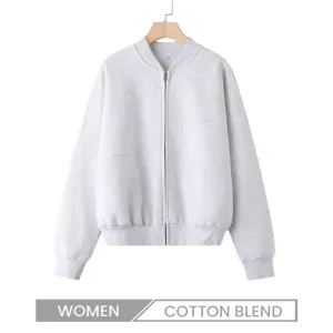 Zipper Bomber Jacket Women Loose High Waist Solid Color Sweatshirt