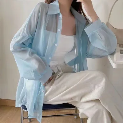 Summer Women Casual Pearlescent Blouse Long Sleeve Shirt