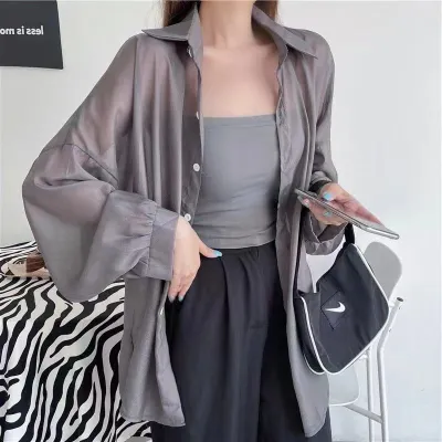 Summer Women Casual Pearlescent Blouse Long Sleeve Shirt