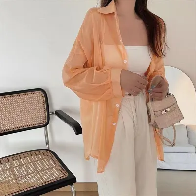 Summer Women Casual Pearlescent Blouse Long Sleeve Shirt
