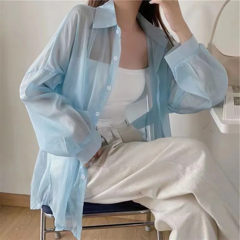 Summer Women Casual Pearlescent Blouse Long Sleeve Shirt