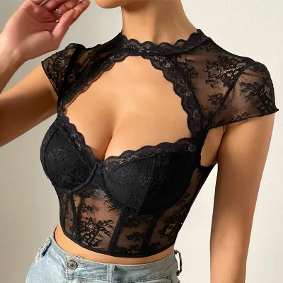 Summer Women Fashion Sexy Round Neck Lace Hollow Steel Ring Fish Bone Slim Crop Top