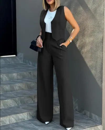 Women Casual Solid Color Blazer Vest Top Wide Leg Pants Two-Piece Set