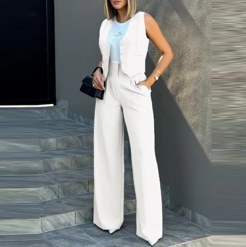 Women Casual Solid Color Blazer Vest Top Wide Leg Pants Two-Piece Set