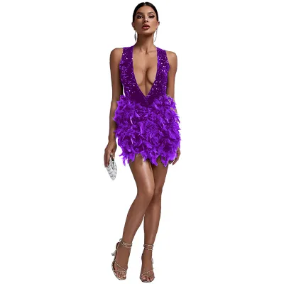 Women Sexy Deep V Backless Sequin Feather Party Dress