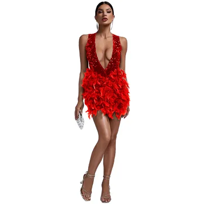 Women Sexy Deep V Backless Sequin Feather Party Dress