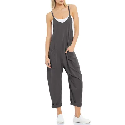Women Casual Solid Color Loose Strap Jumpsuit