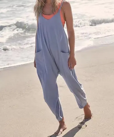 Women Casual Solid Color Loose Strap Jumpsuit