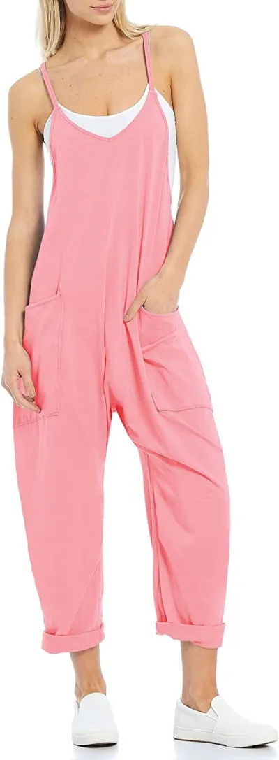 Women Casual Solid Color Loose Strap Jumpsuit