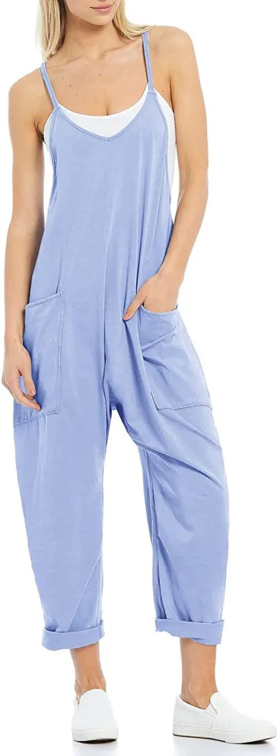 Women Casual Solid Color Loose Strap Jumpsuit