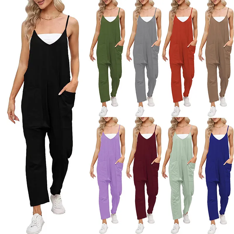 Women Casual Solid Color Loose Strap Jumpsuit
