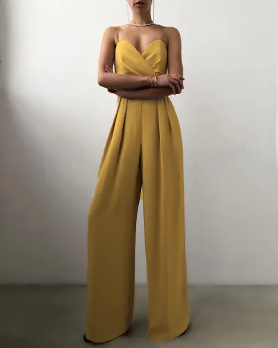 Women Elegant Solid Color Strap Wide Leg Jumpsuits