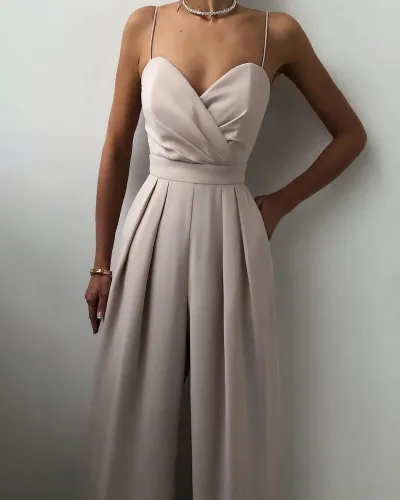 Women Elegant Solid Color Strap Wide Leg Jumpsuits