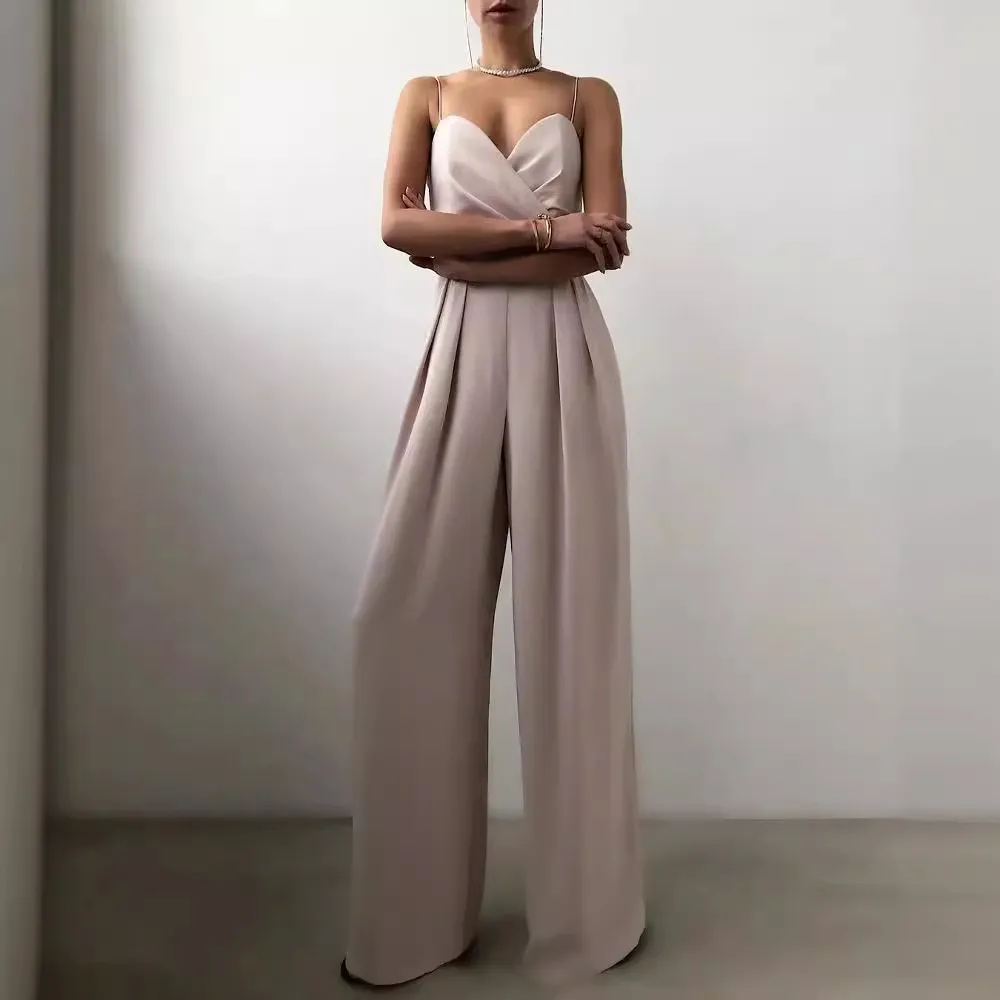 Women Elegant Solid Color Strap Wide Leg Jumpsuits