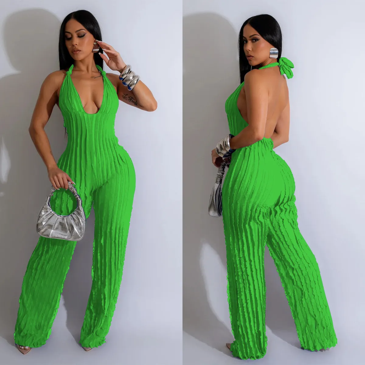 Fashion Women Solid Color Halter Backless Pleated Jumpsuits
