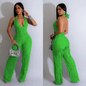 Fashion Women Solid Color Halter Backless Pleated Jumpsuits