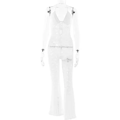 Women Sexy Lace Backless Neck Lace-Up Cropped Jumpsuits