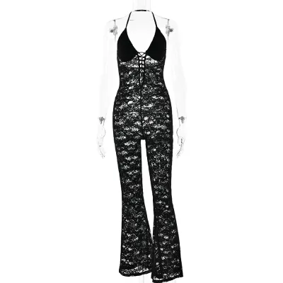 Women Sexy Lace Backless Neck Lace-Up Cropped Jumpsuits