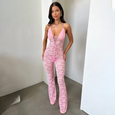 Women Sexy Lace Backless Neck Lace-Up Cropped Jumpsuits