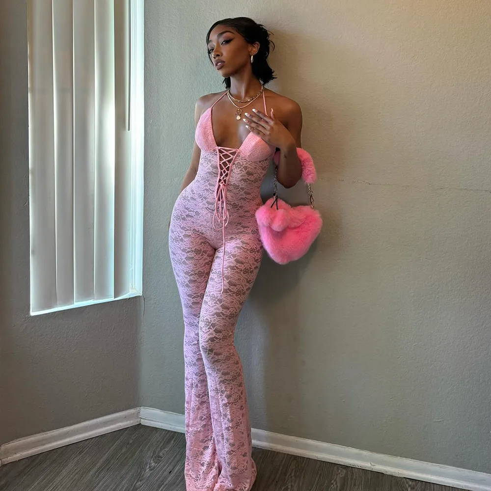 Women Sexy Lace Backless Neck Lace-Up Cropped Jumpsuits