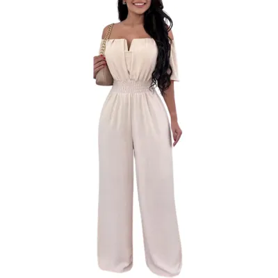 Women's Off-Shoulder Wide-Leg Jumpsuit - Solid Color Loose Fit Commuter Style