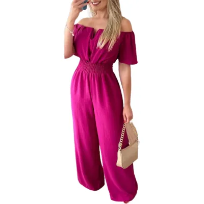 Women's Off-Shoulder Wide-Leg Jumpsuit - Solid Color Loose Fit Commuter Style