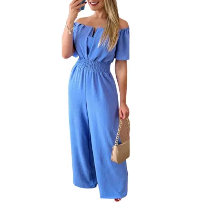 Women's Off-Shoulder Wide-Leg Jumpsuit - Solid Color Loose Fit Commuter Style
