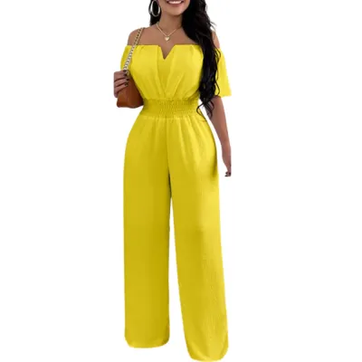 Women's Off-Shoulder Wide-Leg Jumpsuit - Solid Color Loose Fit Commuter Style