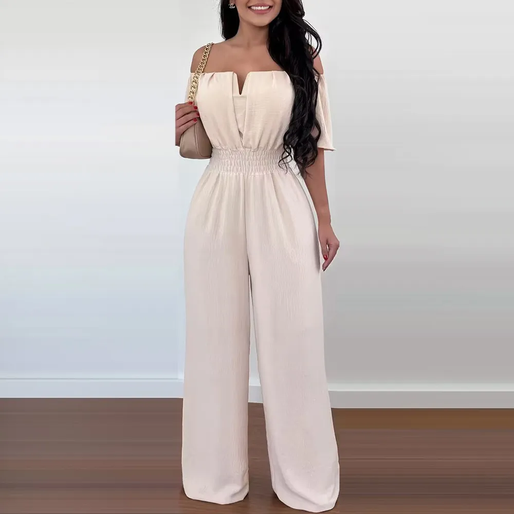 Women's Off-Shoulder Wide-Leg Jumpsuit - Solid Color Loose Fit Commuter Style