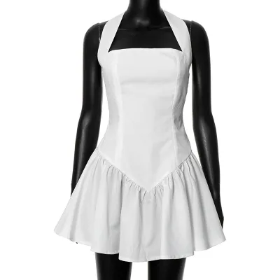 Women Fashion Solid Color Hanging Neck Mini Dress