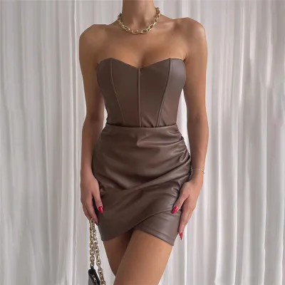 Women Sexy Solid Color Tube Top PU Mini Bodycon Dress