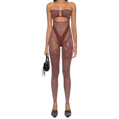Women Solid Color Strapless Backless Slim-Fit Sexy Hollow Stitching One-Piece Lace Jumpsuit