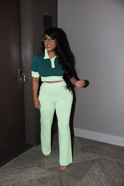 Women Summer Contrast Color Polo Collar Short Sleeve Crop Top Wide Leg Pants Set
