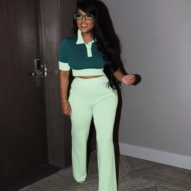 Women Summer Contrast Color Polo Collar Short Sleeve Crop Top Wide Leg Pants Set