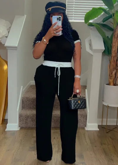 Women Casual Street Rib-Knit Color Contrast Crew Neck Short-Sleeved Top Pants Two-Piece Set