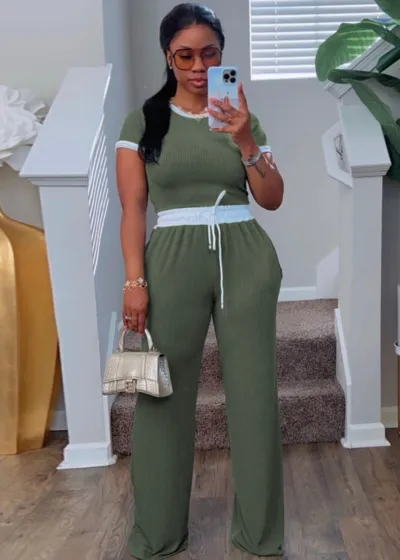 Women Casual Street Rib-Knit Color Contrast Crew Neck Short-Sleeved Top Pants Two-Piece Set