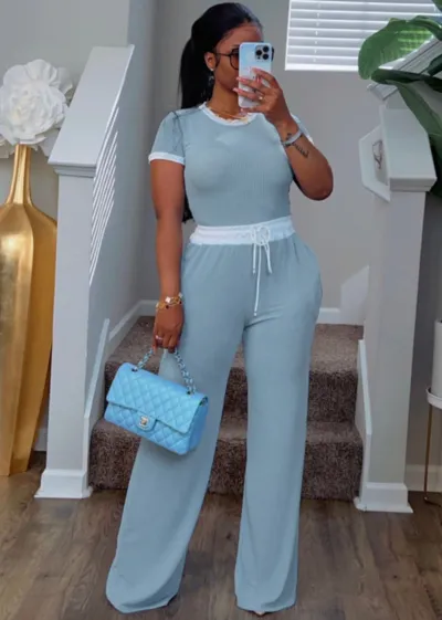 Women Casual Street Rib-Knit Color Contrast Crew Neck Short-Sleeved Top Pants Two-Piece Set