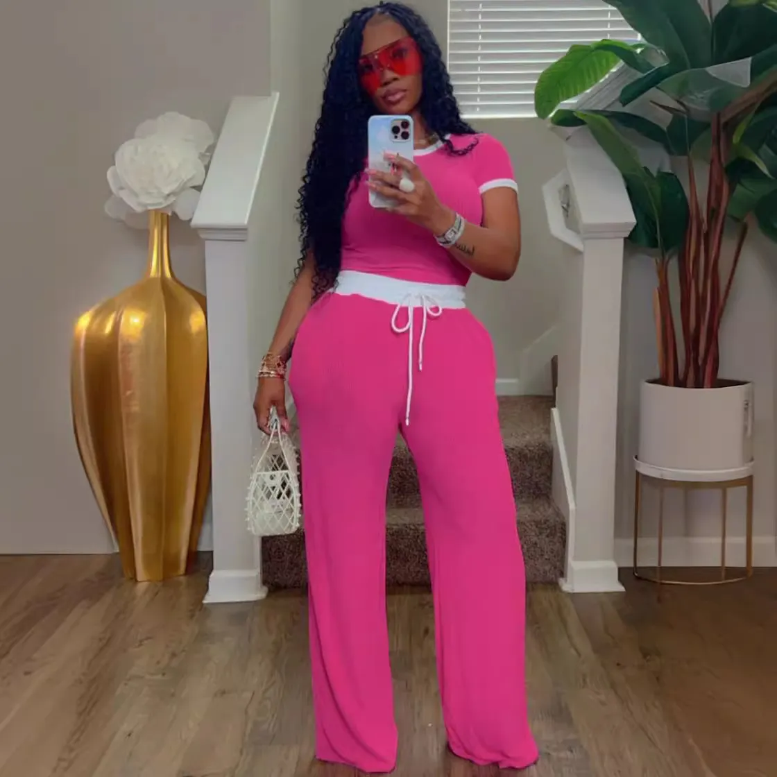 Women Casual Street Rib-Knit Color Contrast Crew Neck Short-Sleeved Top Pants Two-Piece Set