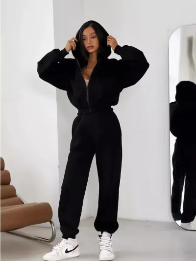 Women's Athleisure Casual Hip Hop Cotton Hoodie And Sweatpants Set