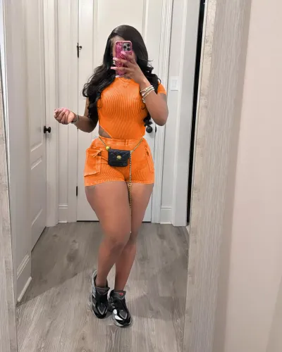 Women Casual Washed Short Sleeve Cut Out Bodysuit Pocket Cargo Shorts Set