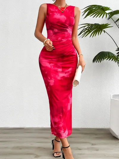 Women Elegant Slim-Fit Sleeveless Bodycon Maxi Tie Dye Dress
