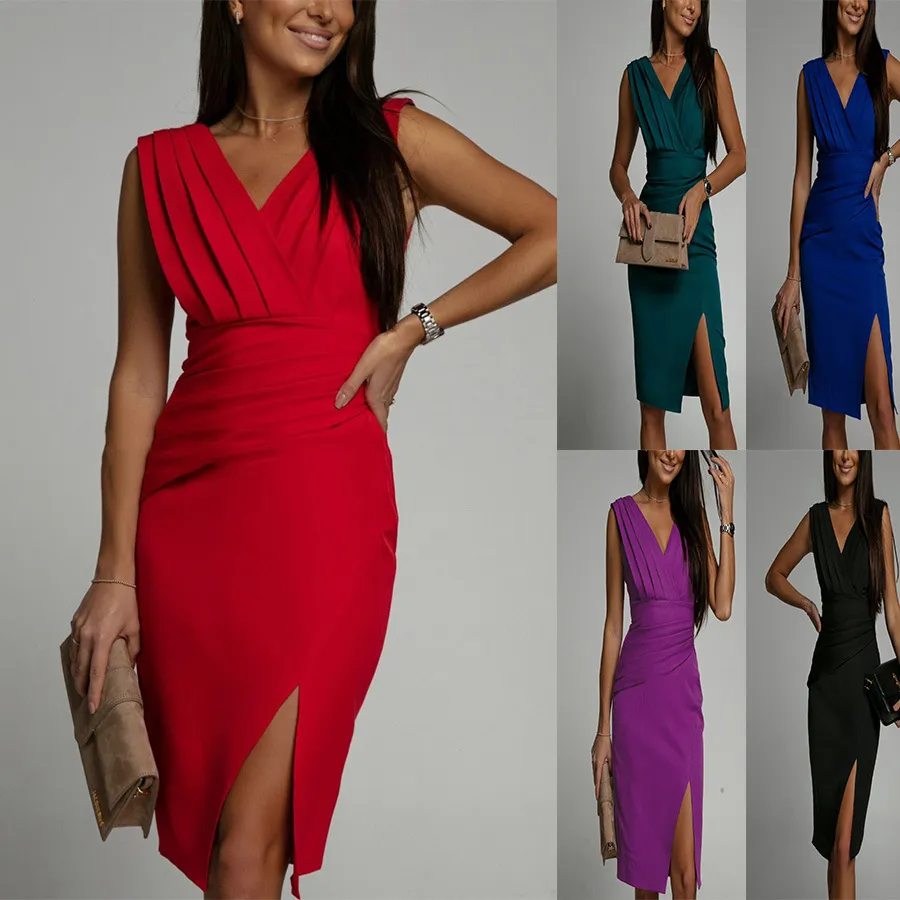 Summer Elegant Women V-Neck Sleeveless Split High Waist Solid Midi Office Dress